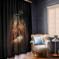 Black Three Kings Day window curtain featuring three kings and manger scene with gold “Feliz Dia de los Reyes”