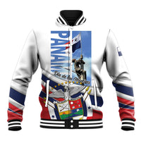 White unisex baseball jacket with full-zip front, ribbed collar, colorful front graphic.