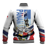 White baseball jacket with ribbed striped collar and full-size back graphic panel.