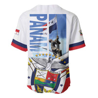 White baseball jersey with Panama flag, monument graphic, and crest on back