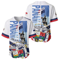 White baseball jersey with Panama graphic print and red-blue sleeve trim