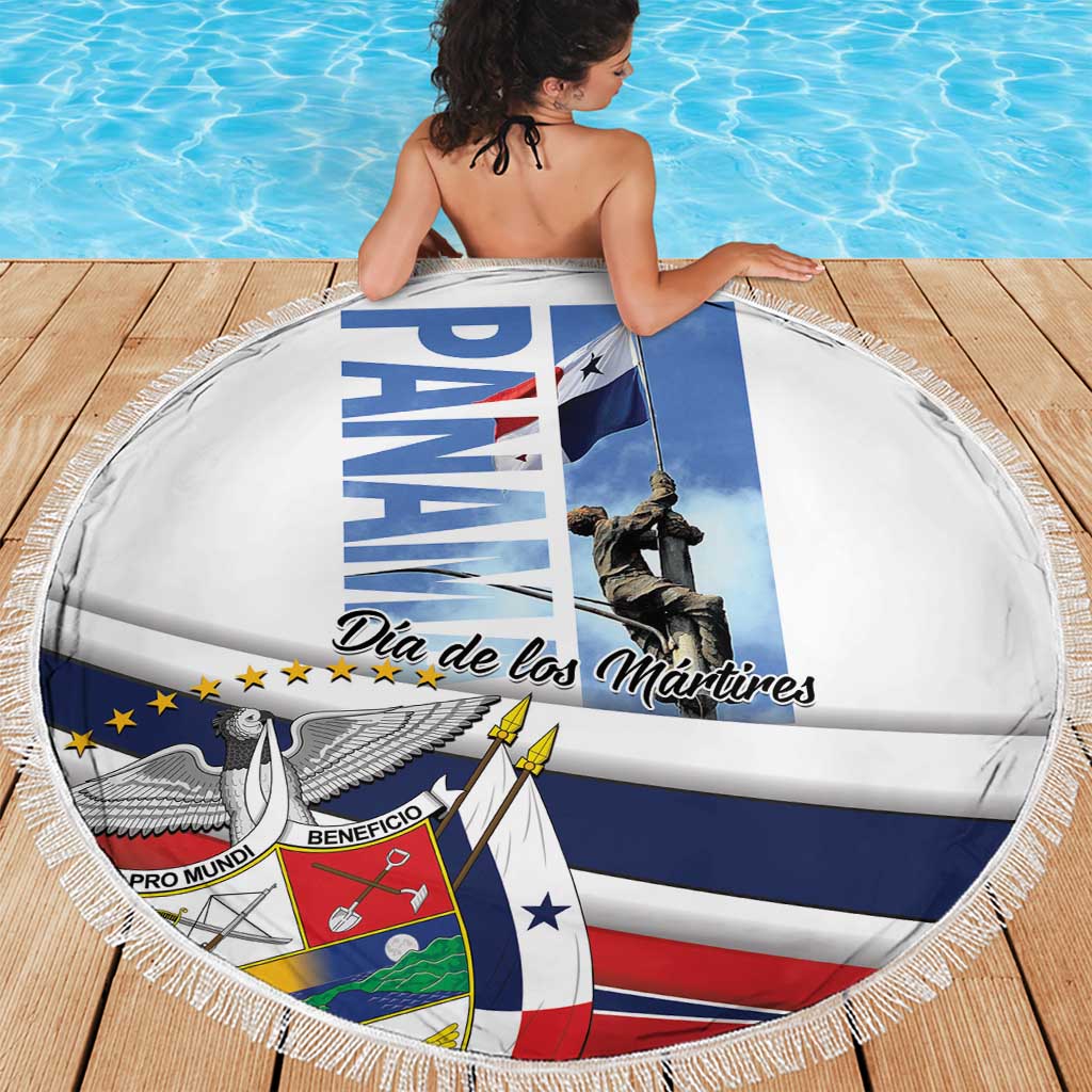 Round white beach blanket featuring blue “PANAMA” and “Dia de los Martires” over blue-and-red flag