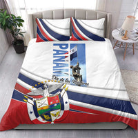 Printed white bedding set with blue-red stripes, Panama shield emblem, and Dia de los Martires text