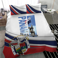 White comforter bedding set with Panama flag style stripes and Dia de los Martires centerpiece