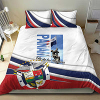 White bedding set featuring blue-red stripes, Panama shield emblem, and Dia de los Martires design