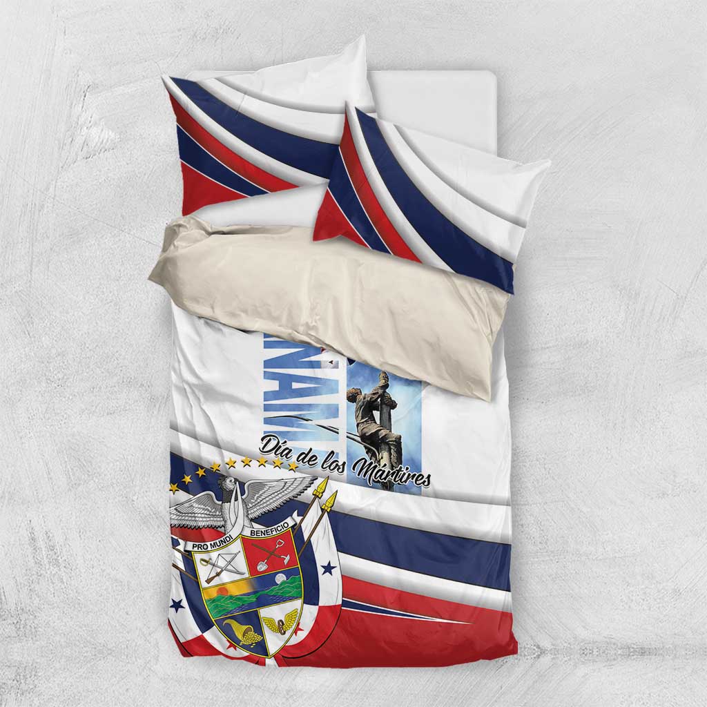 Flat-lay white bedding set with blue and red stripes, Panama shield graphic, Dia de los Martires