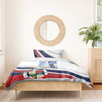 White duvet bedding set with blue and red stripes, Panama shield emblem, Dia de los Martires