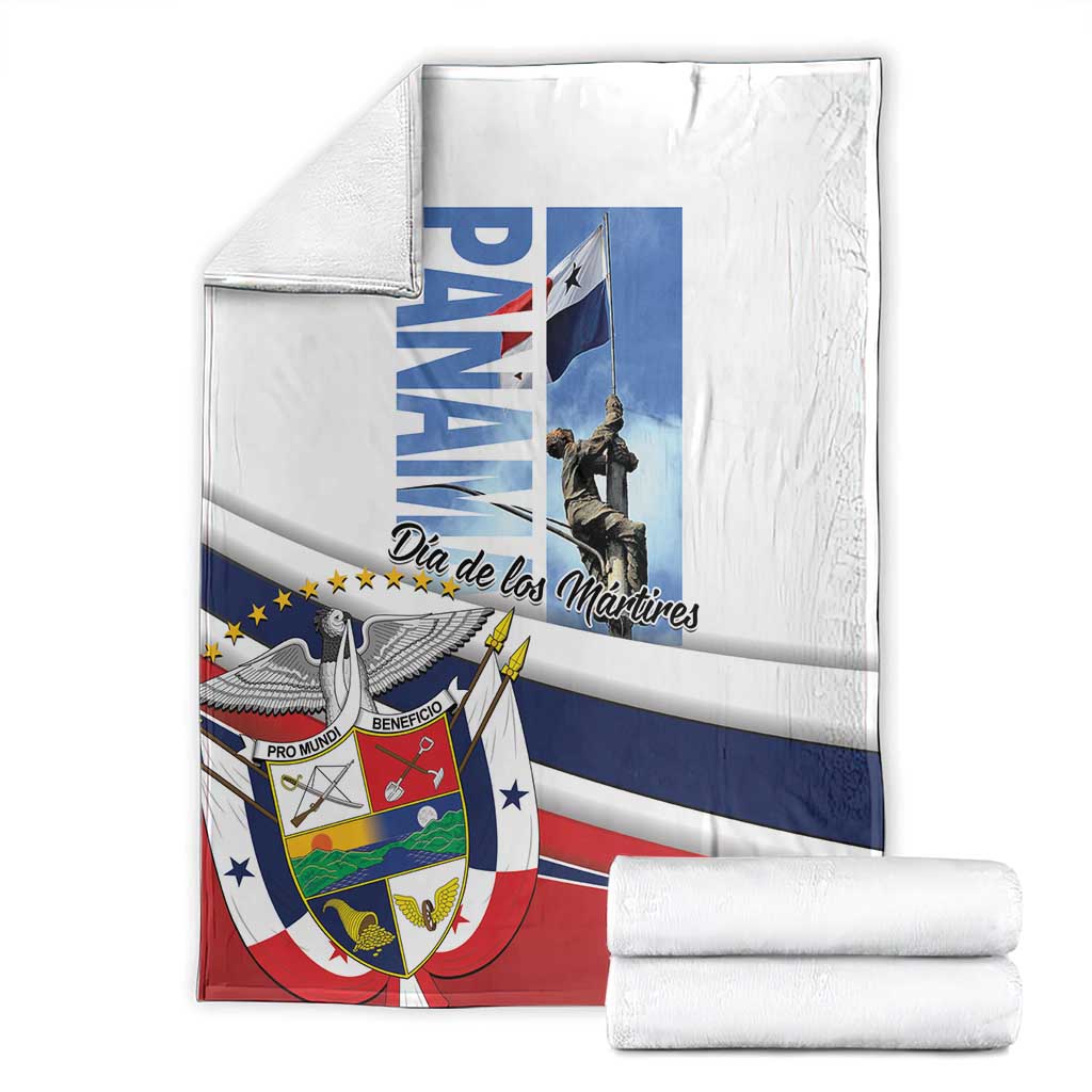 White Panama Dia de los Martires blanket with flag and memorial graphic, folded