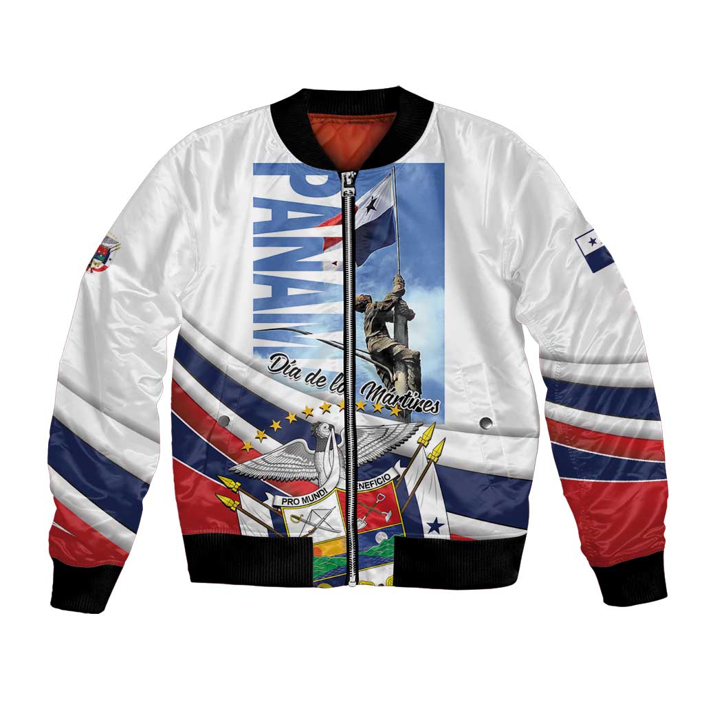 White unisex bomber jacket with front zipper, ribbed cuffs, and patriotic graphic