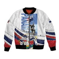 White unisex bomber jacket with front zipper, ribbed cuffs, and patriotic graphic