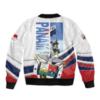 White unisex bomber jacket with front zipper, ribbed cuffs, and flag patches on sleeves