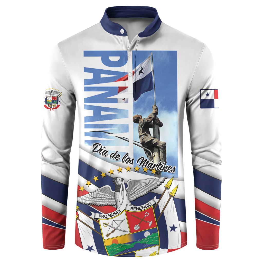 White button sweatshirt with navy collar, red/blue striped sleeves, large front graphic