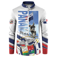 White button sweatshirt with navy collar, red/blue striped sleeves, large front graphic