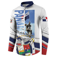 White button sweatshirt with navy collar, front patriotic graphic, red/blue striped sleeves