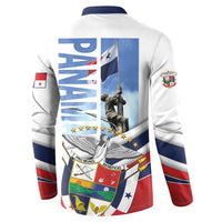White button sweatshirt back with large crest graphic, navy collar, red/blue striped sleeves