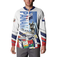 White button sweatshirt on model, front patriotic graphic, navy collar, striped cuffs