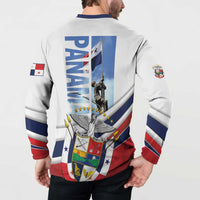 White button sweatshirt back view, crest and map graphic, red/blue striped sleeves