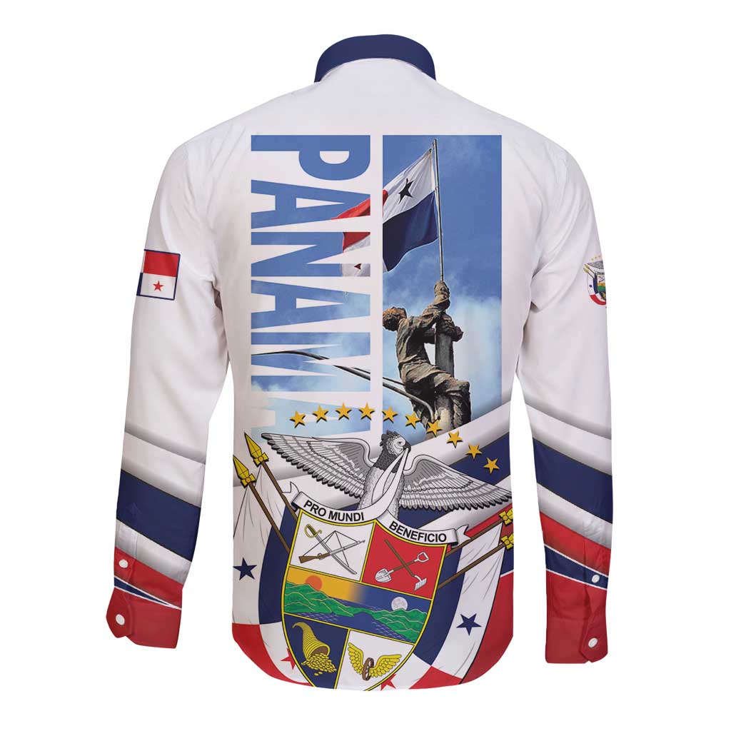 White long-sleeve button shirt with large back graphic and striped cuffs