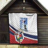 Panama Martyrs Day quilt hung in barn, quilted white panels with flag design