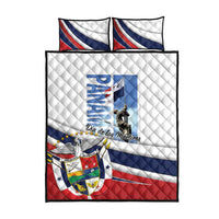 White quilt bed set with 'Dia de los Martires' eagle crest; blue-red diagonal, 2 pillows