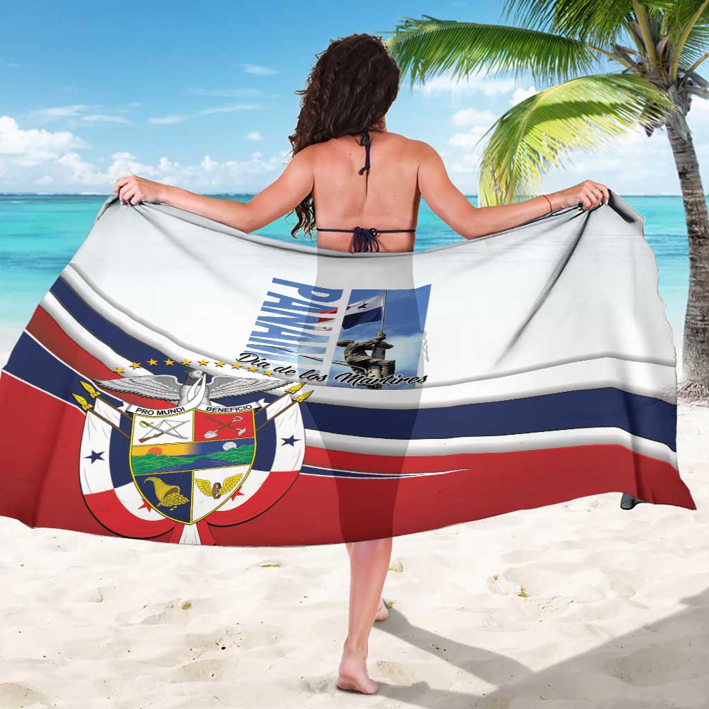 White Panama flag sarong draped by woman, long edge with emblem