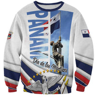 White unisex sweatshirt, front view, large Dia de los Martires graphic and flags