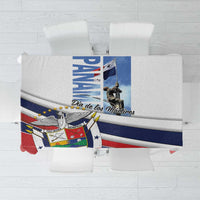 Printed tablecloth with blue, red, and green emblem, “Dia de los Martires” text