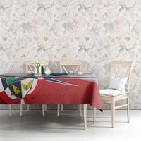 Printed tablecloth featuring red and blue flag stripes and crest on white base