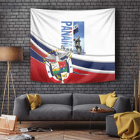 White wall tapestry with Panama flag stripes, crest emblem, and statue graphic