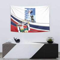 White tapestry with Panama flag stripes, crest emblem, and vertical PANAMA lettering
