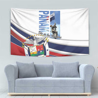 White tapestry wall hanging with Panama crest, blue PANAMA letters, and flag stripes