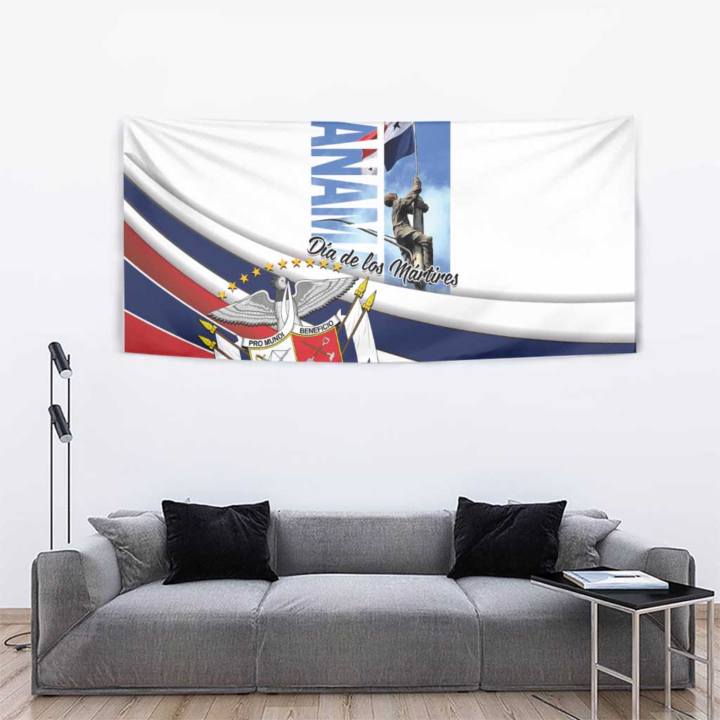 White rectangular tapestry with Panama flag design, crest emblem, and statue artwork