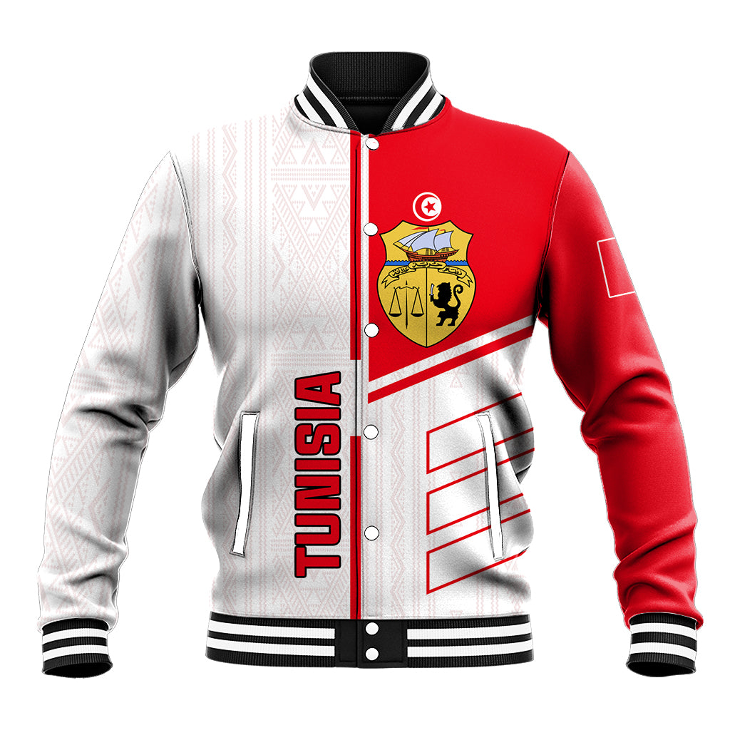 Red and white varsity baseball jacket with front zipper, ribbed collar, and team crest
