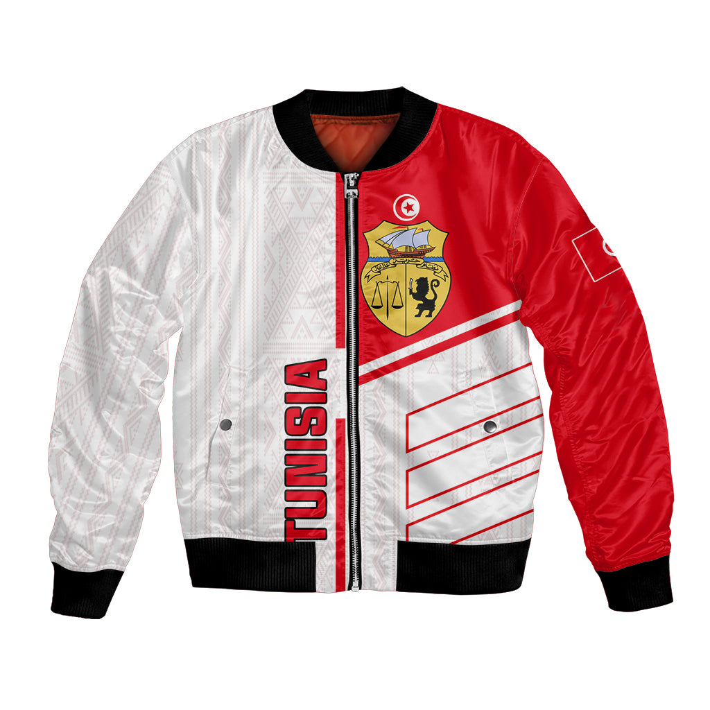 Red and white bomber jacket with Tunisia crest, vertical stripe, and full-zip front