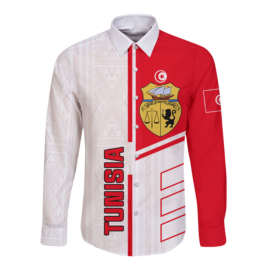 Unisex long-sleeve football button-up shirt in red/white with front crest