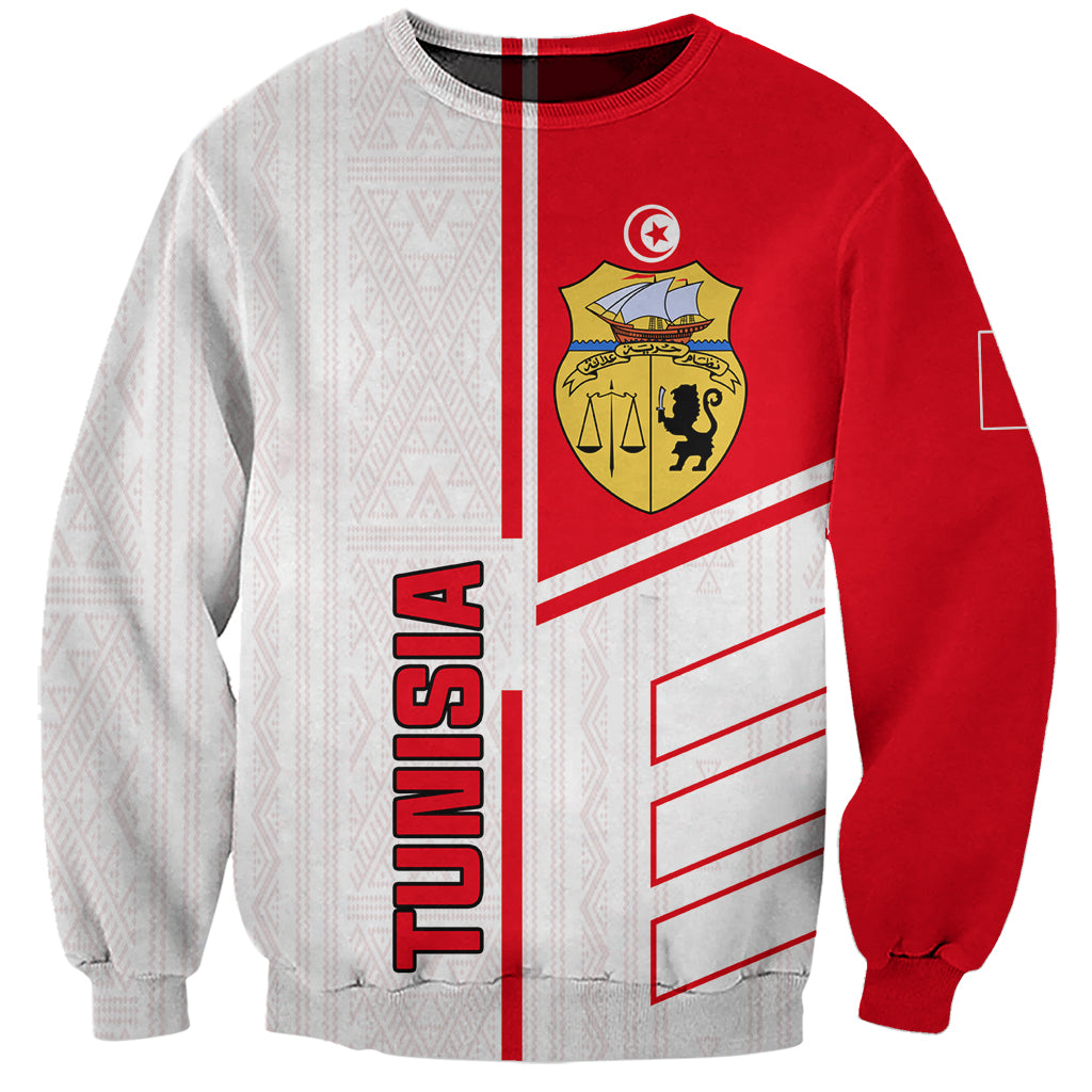 Unisex football sweatshirt in red and light gray with crest graphic and stripes