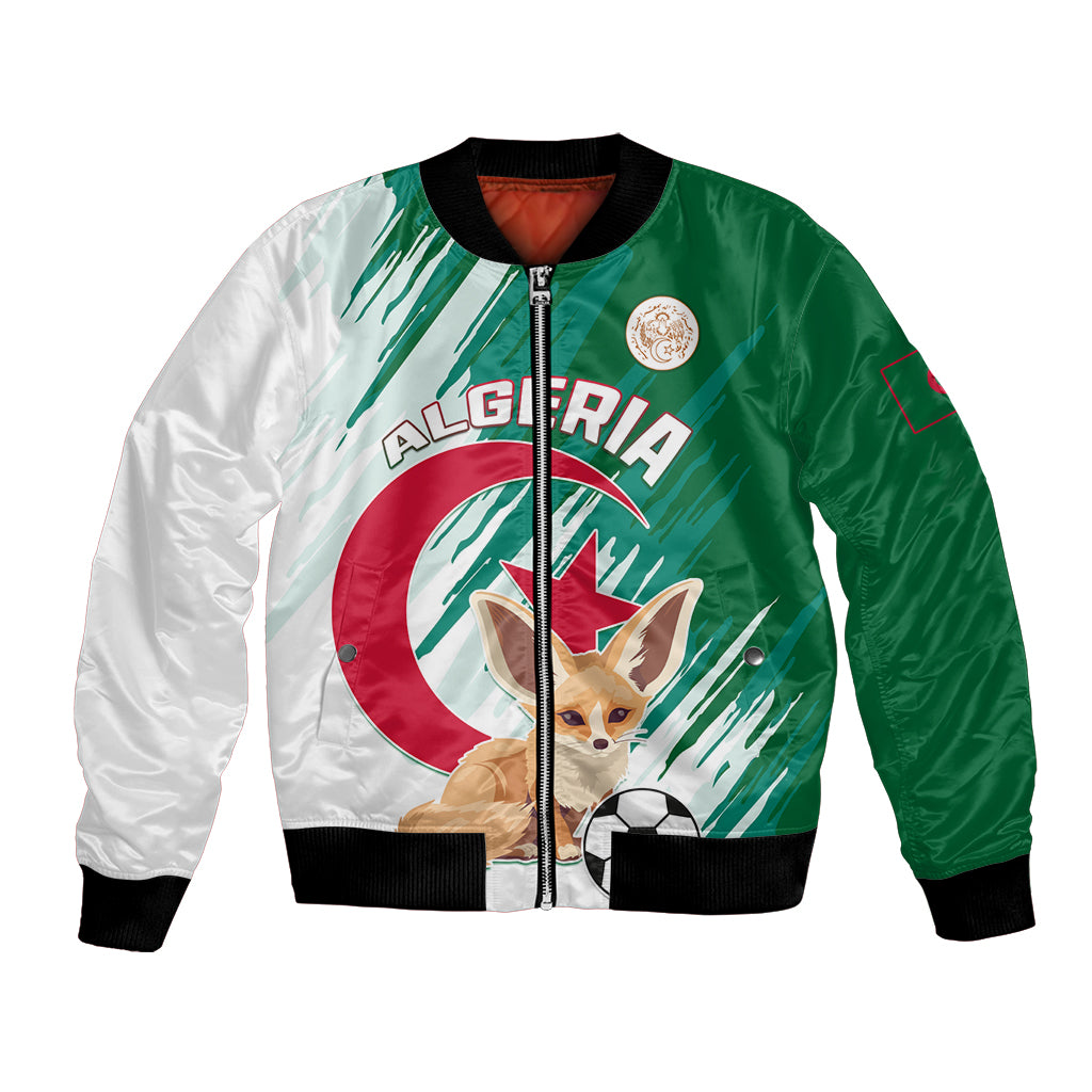 Unisex green-and-white bomber jacket with front zipper, Algerian emblem, animal and soccer graphic