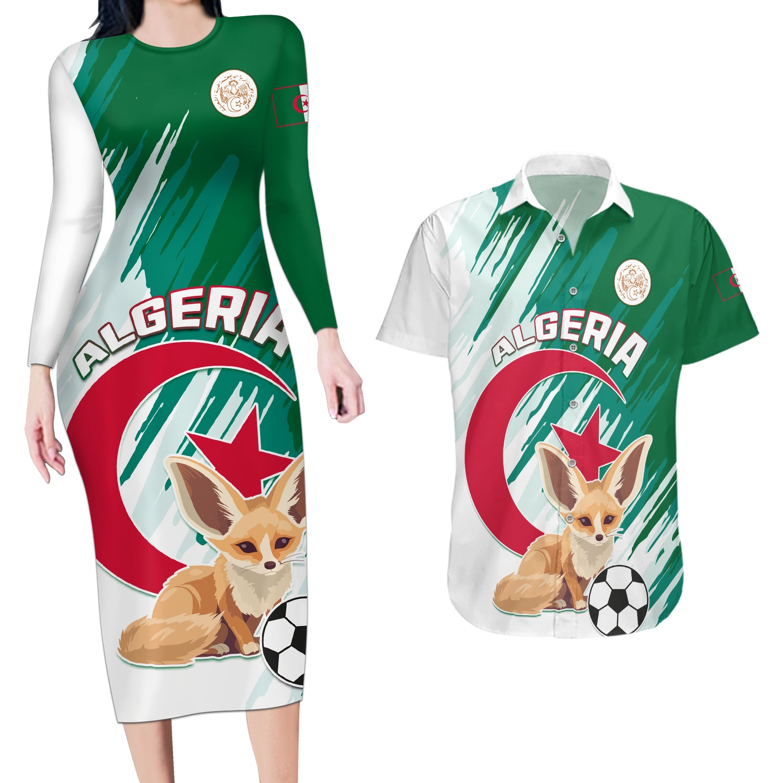 Algeria Football Couples Matching Long Sleeve Bodycon Dress and Hawaiian Shirt Go Les Fennecs - Wonder Print Shop