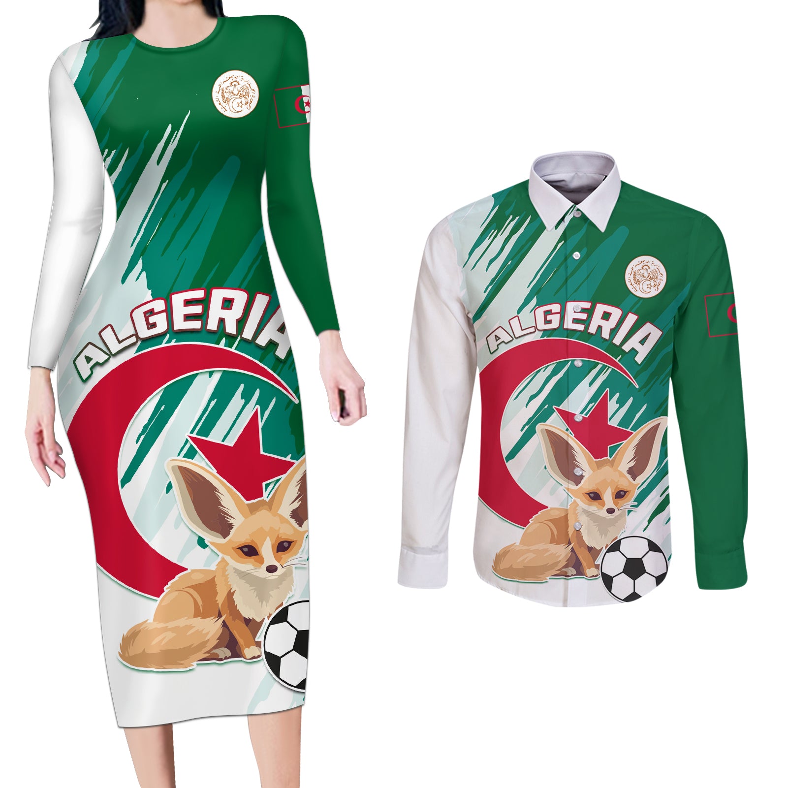 Algeria Football Couples Matching Long Sleeve Bodycon Dress and Long Sleeve Button Shirt Go Les Fennecs - Wonder Print Shop