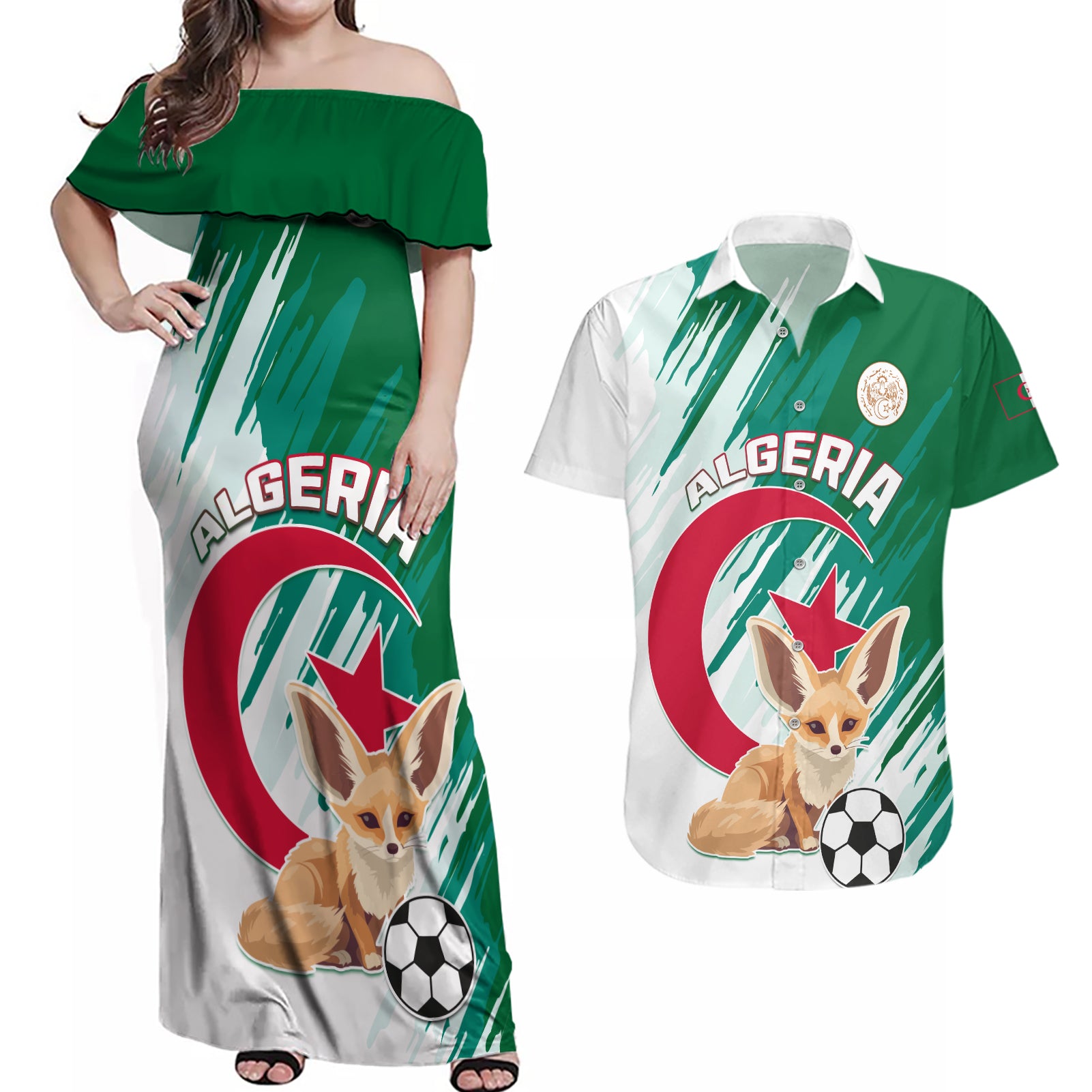 Algeria Football Couples Matching Off Shoulder Maxi Dress and Hawaiian Shirt Go Les Fennecs - Wonder Print Shop