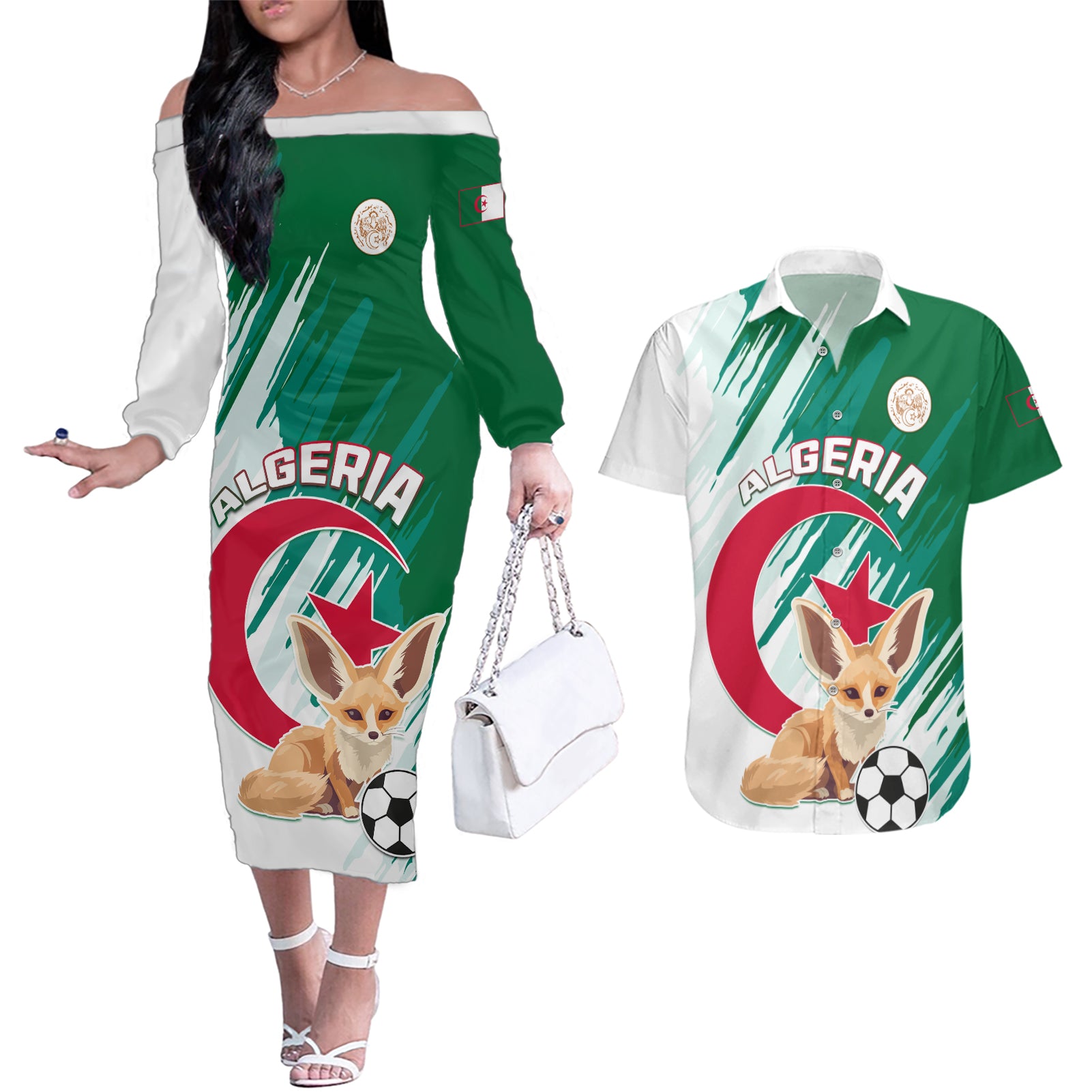 Algeria Football Couples Matching Off The Shoulder Long Sleeve Dress and Hawaiian Shirt Go Les Fennecs - Wonder Print Shop