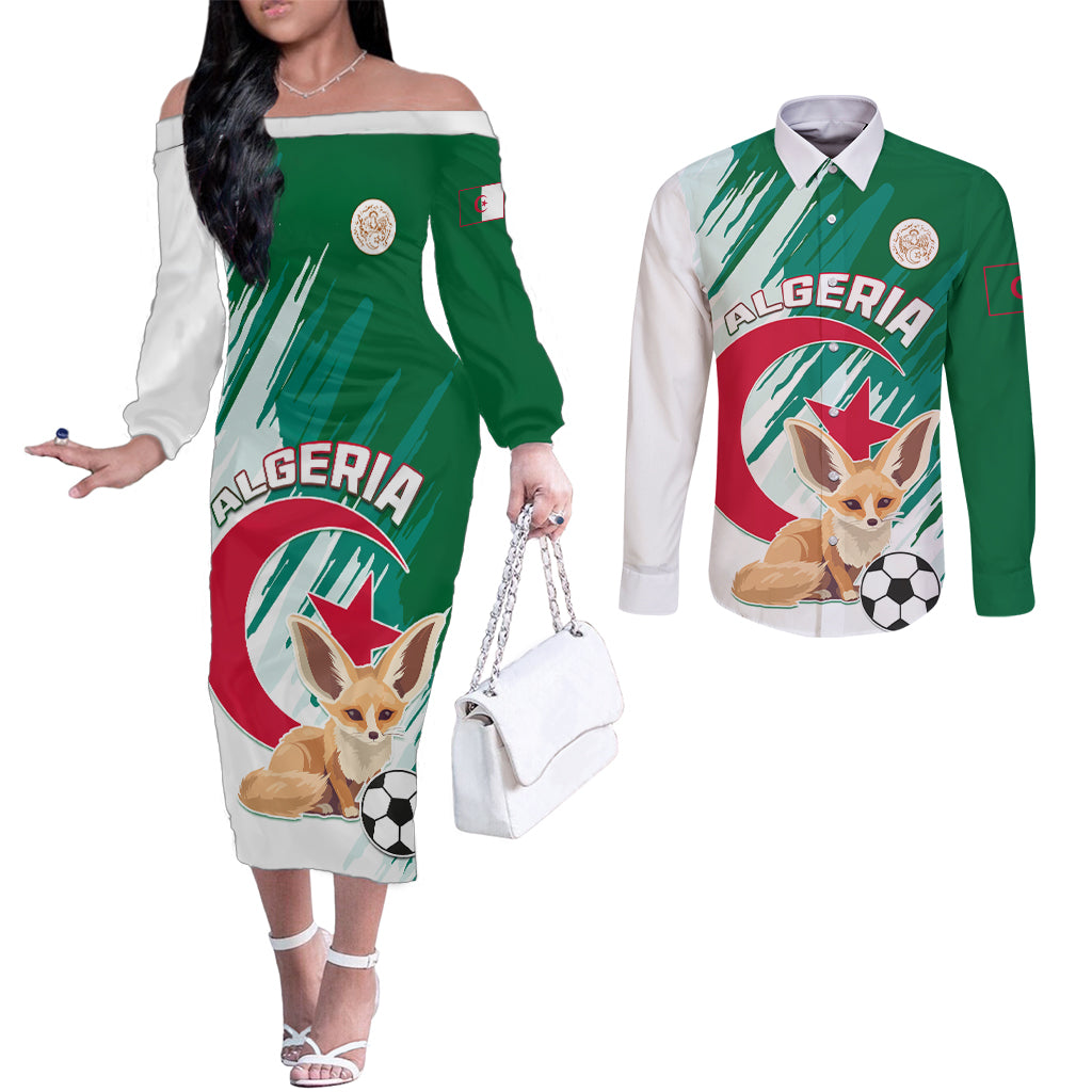 Algeria Football Couples Matching Off The Shoulder Long Sleeve Dress and Long Sleeve Button Shirt Go Les Fennecs