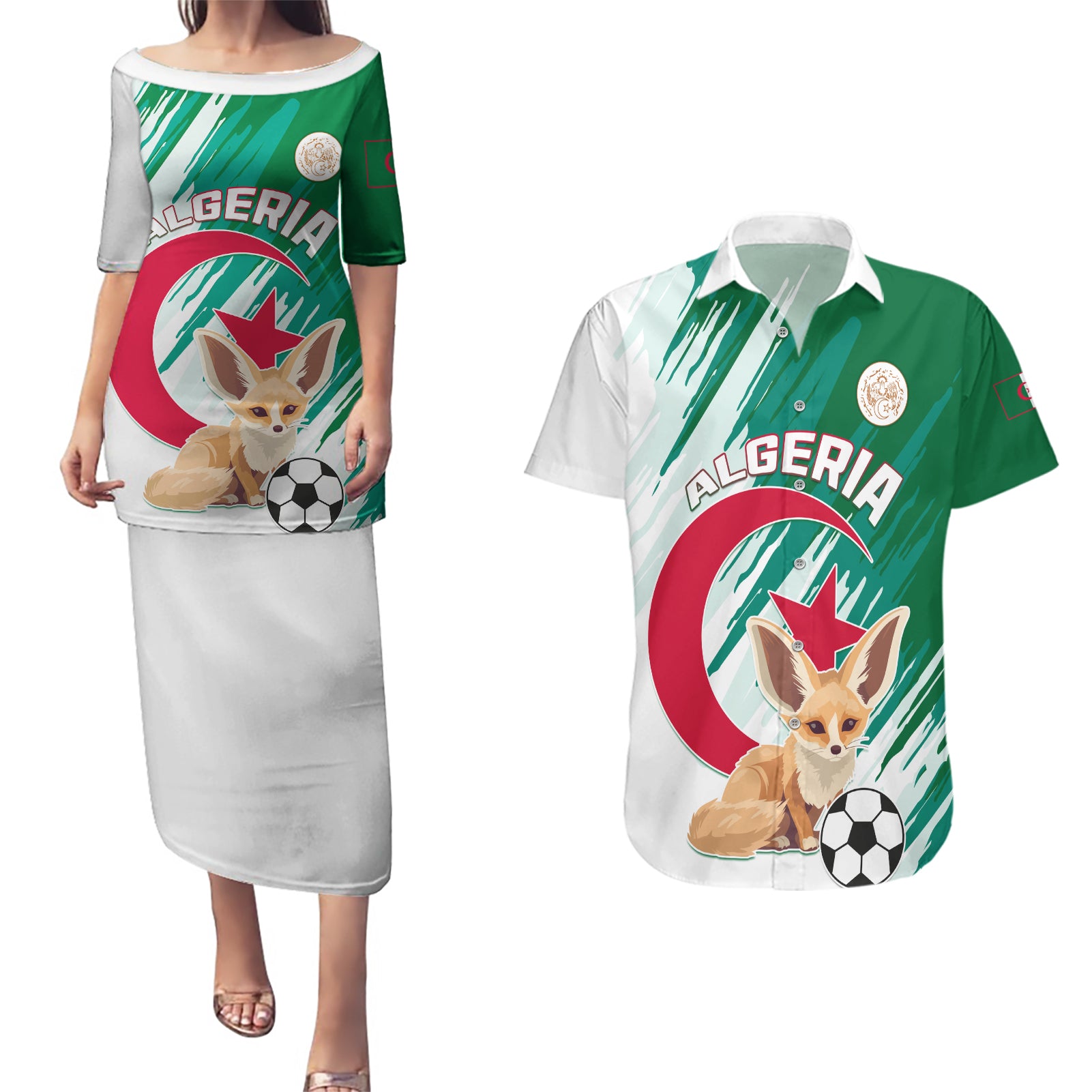 Algeria Football Couples Matching Puletasi and Hawaiian Shirt Go Les Fennecs - Wonder Print Shop