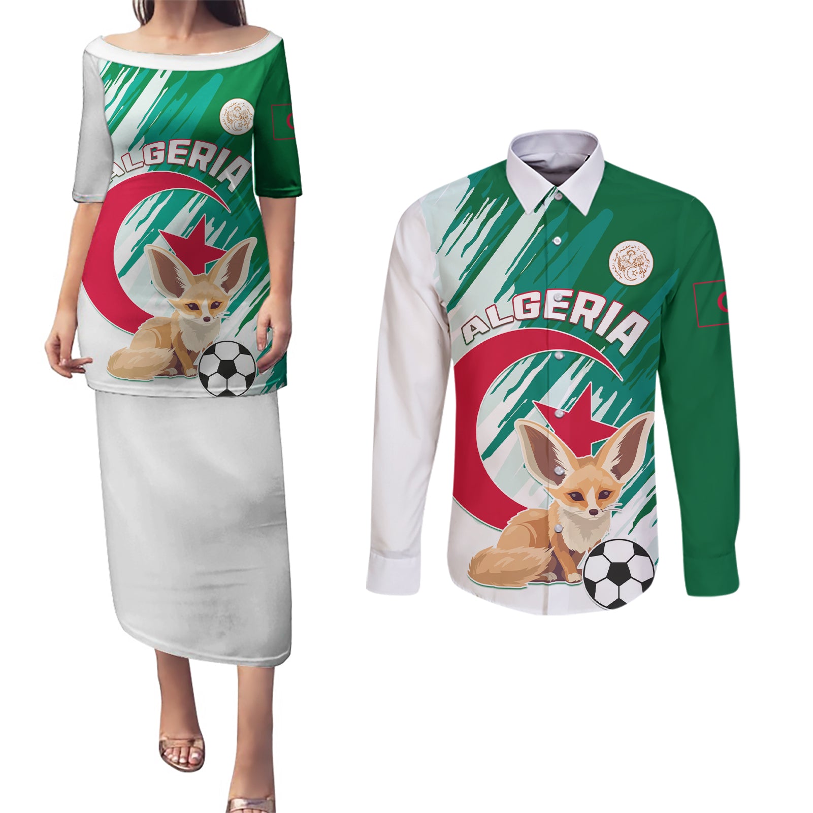 Algeria Football Couples Matching Puletasi and Long Sleeve Button Shirt Go Les Fennecs - Wonder Print Shop