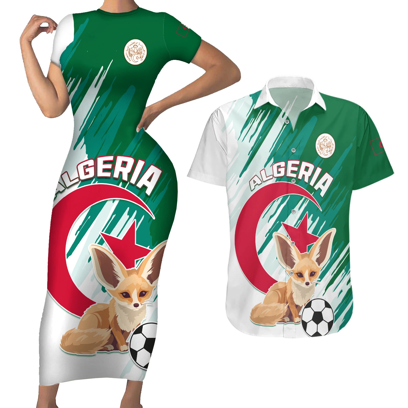 Algeria Football Couples Matching Short Sleeve Bodycon Dress and Hawaiian Shirt Go Les Fennecs - Wonder Print Shop