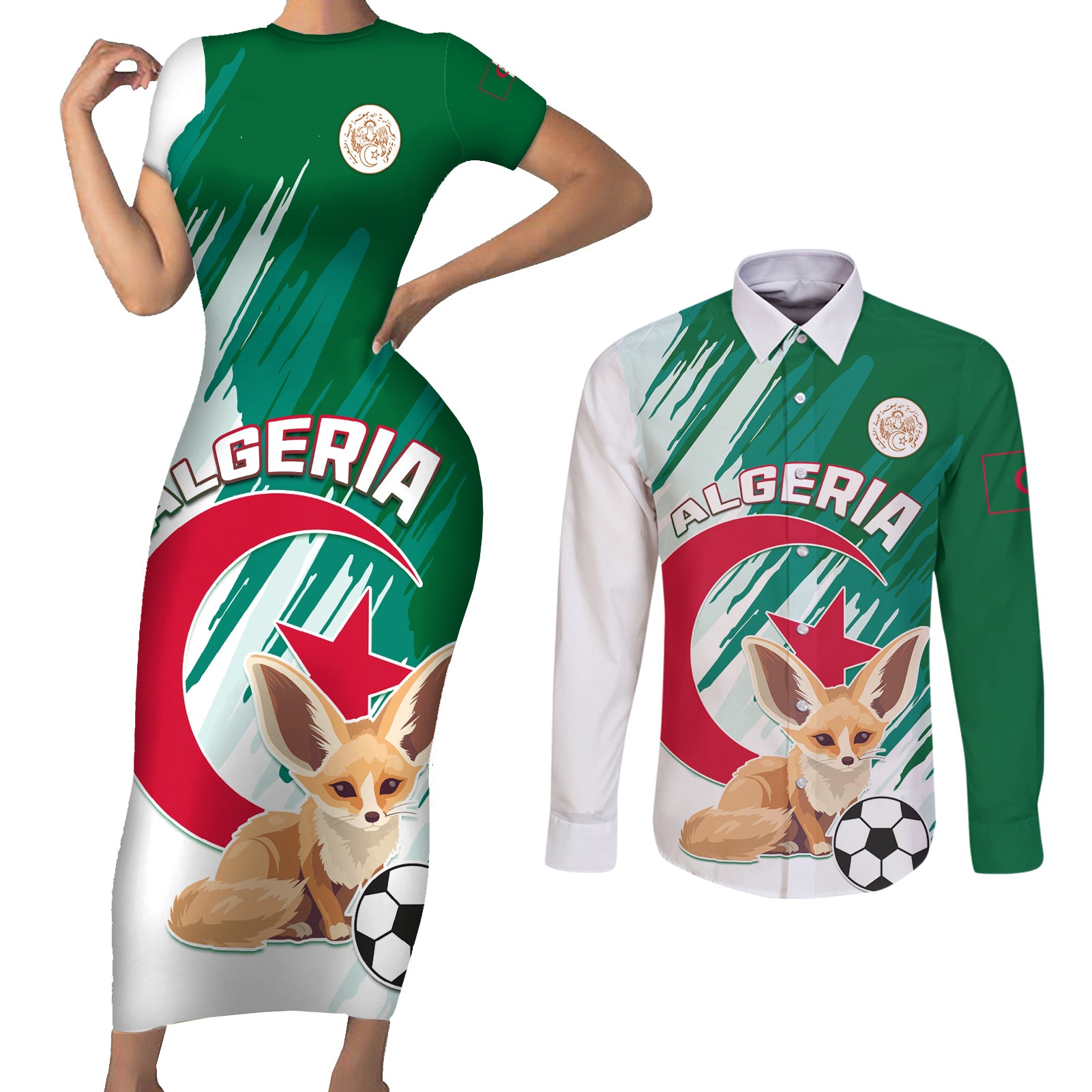 Algeria Football Couples Matching Short Sleeve Bodycon Dress and Long Sleeve Button Shirt Go Les Fennecs - Wonder Print Shop