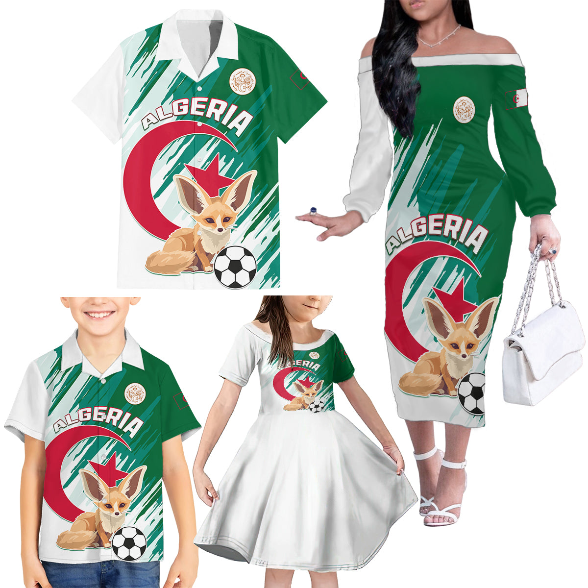 Algeria Football Family Matching Off Shoulder Long Sleeve Dress and Hawaiian Shirt Go Les Fennecs - Wonder Print Shop