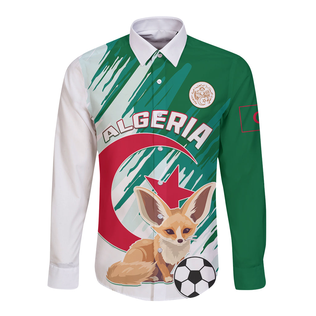Green and white Algeria long sleeve button football shirt with dog and soccer graphic