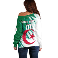 Off-shoulder women’s football sweater, back view with green/white print and star emblem
