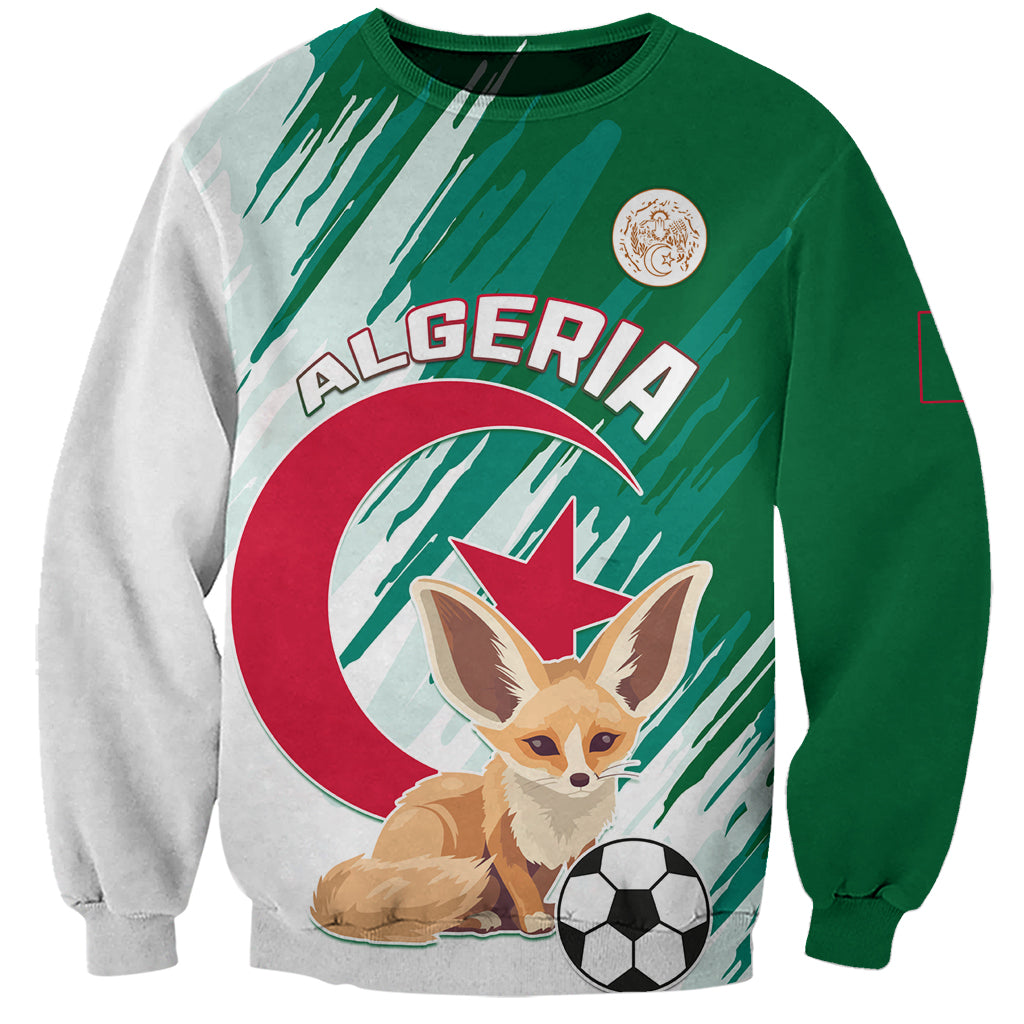 Unisex green and gray football sweatshirt with Algeria graphic, animal, and soccer ball